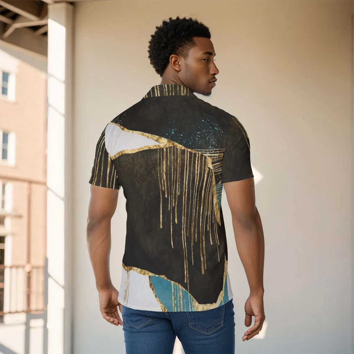All-Over Print Men's Shirt J 39 black and teal abstract