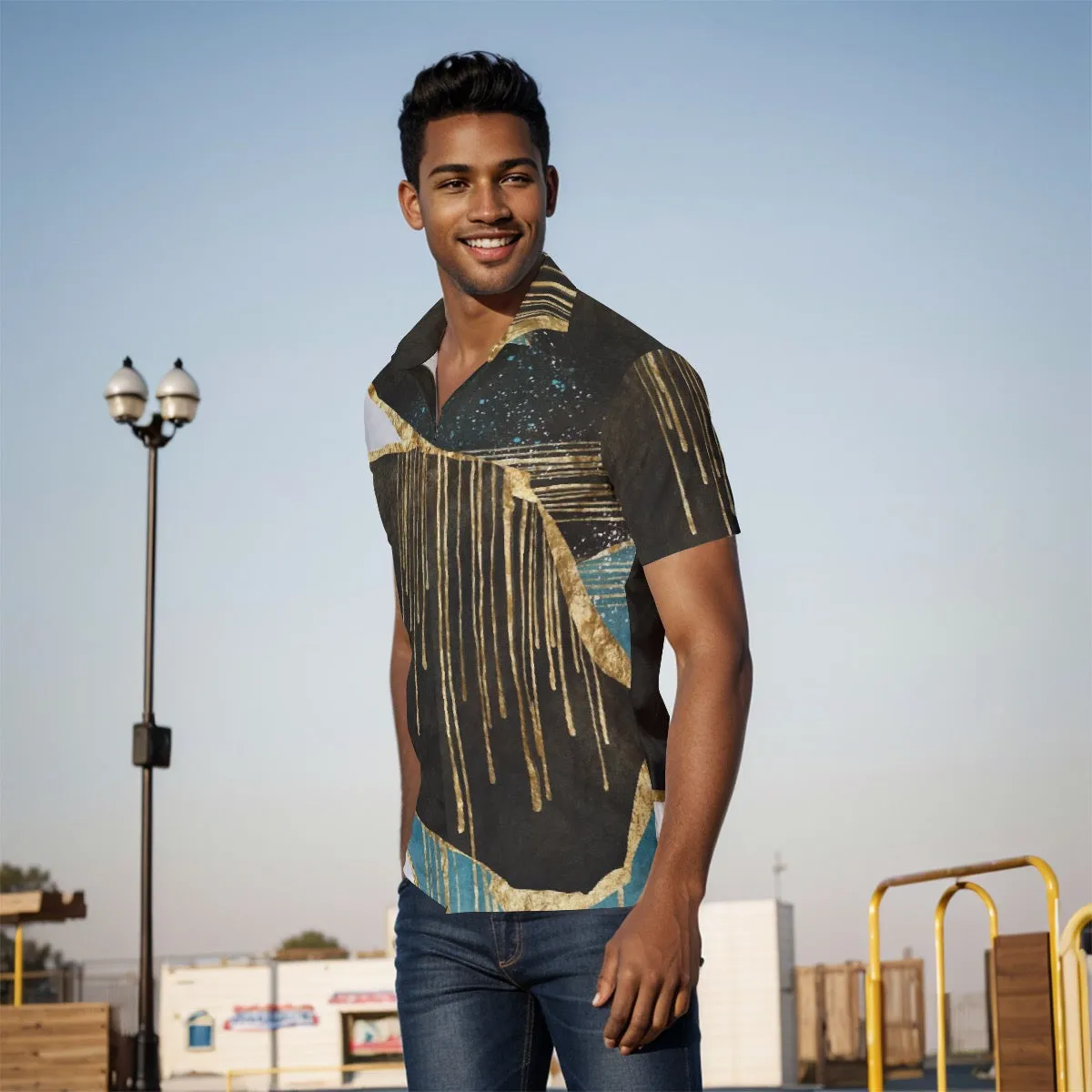 All-Over Print Men's Shirt J 39 black and teal abstract