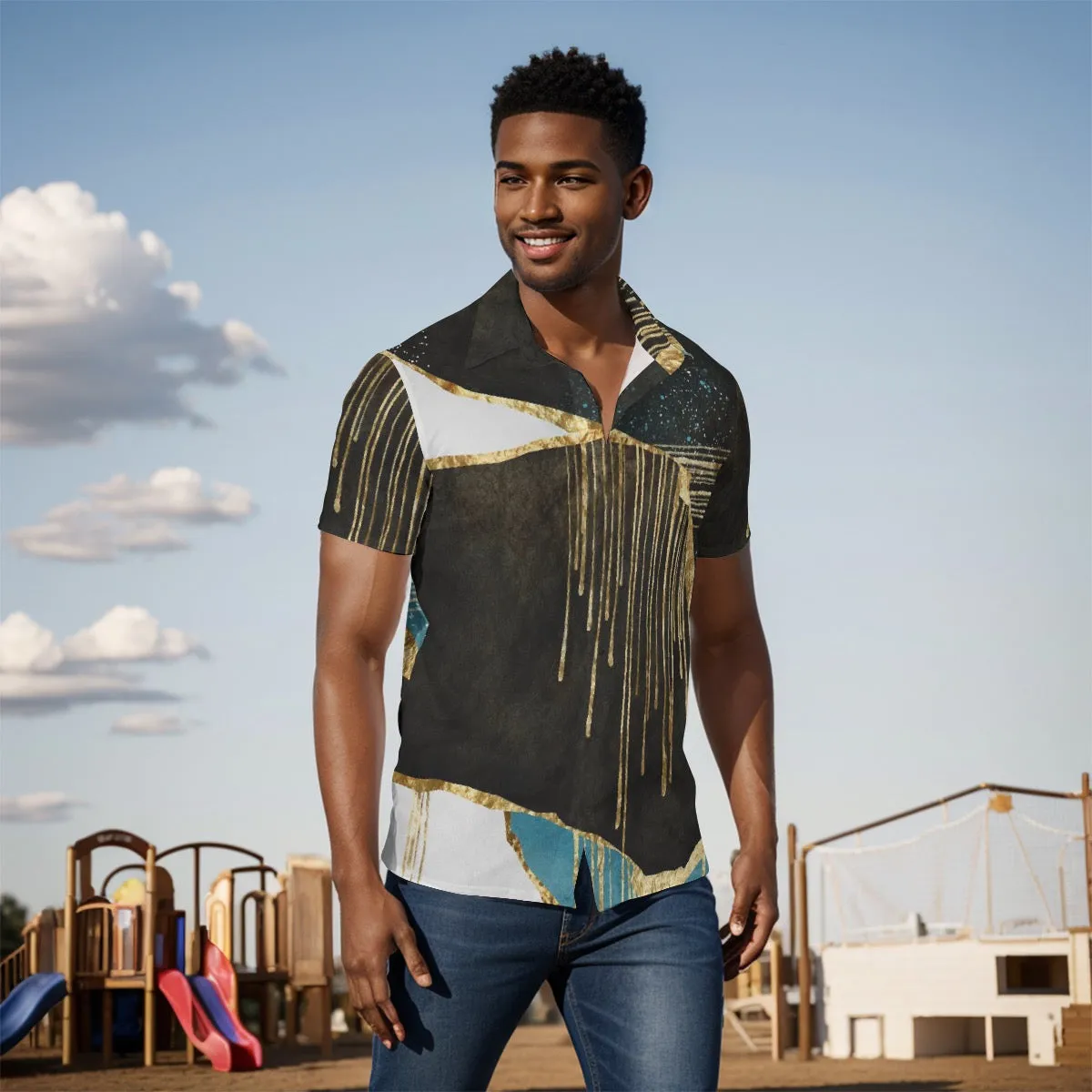 All-Over Print Men's Shirt J 39 black and teal abstract