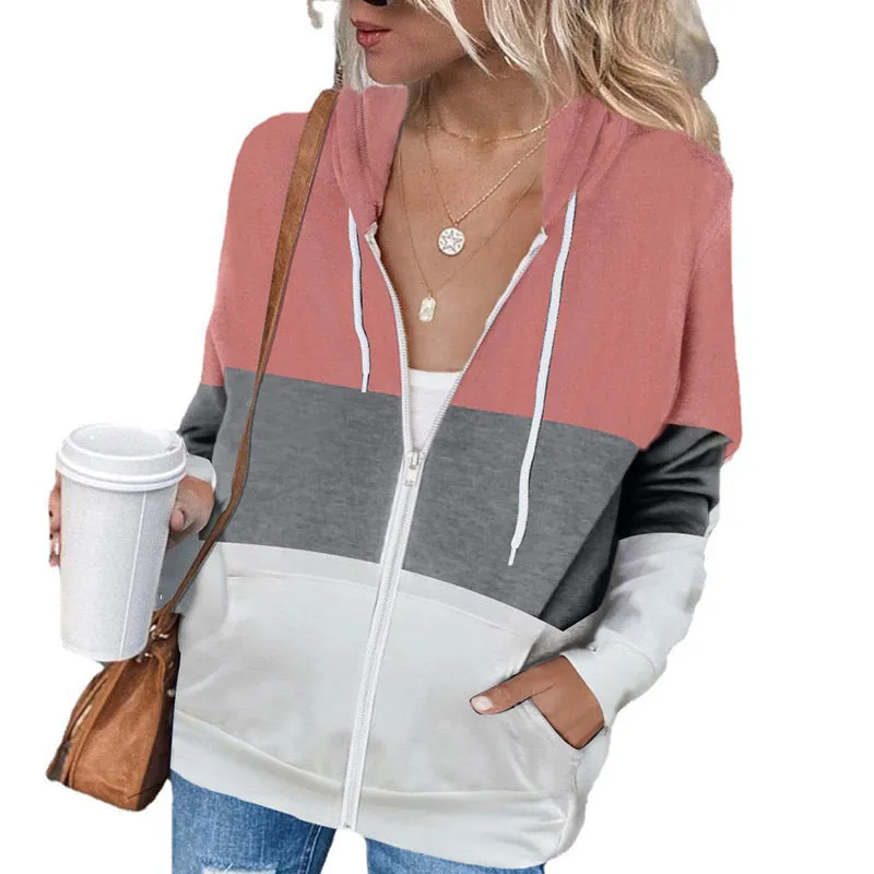 Long Sleeve Color Hooded Sweatshirt Women's Cotton Blend Zipper Pocket Cardigan Jacket