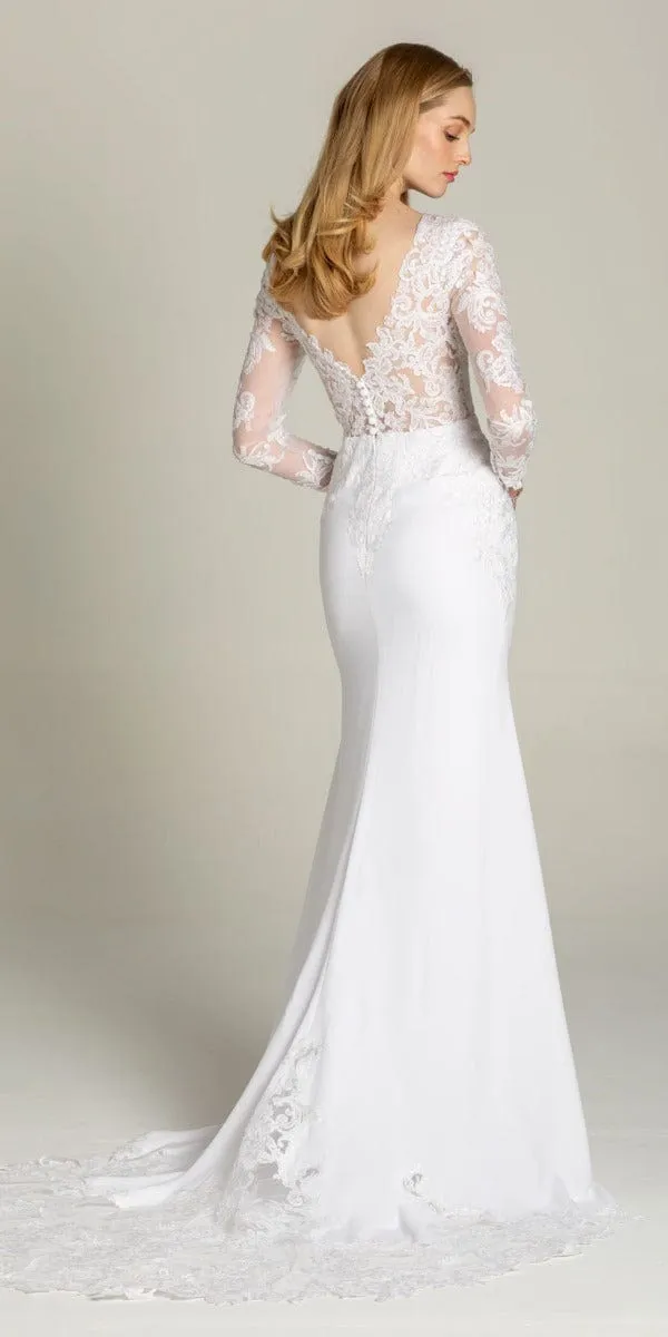 Long Sleeve V Back Crepe Dress with Embellished Appliques