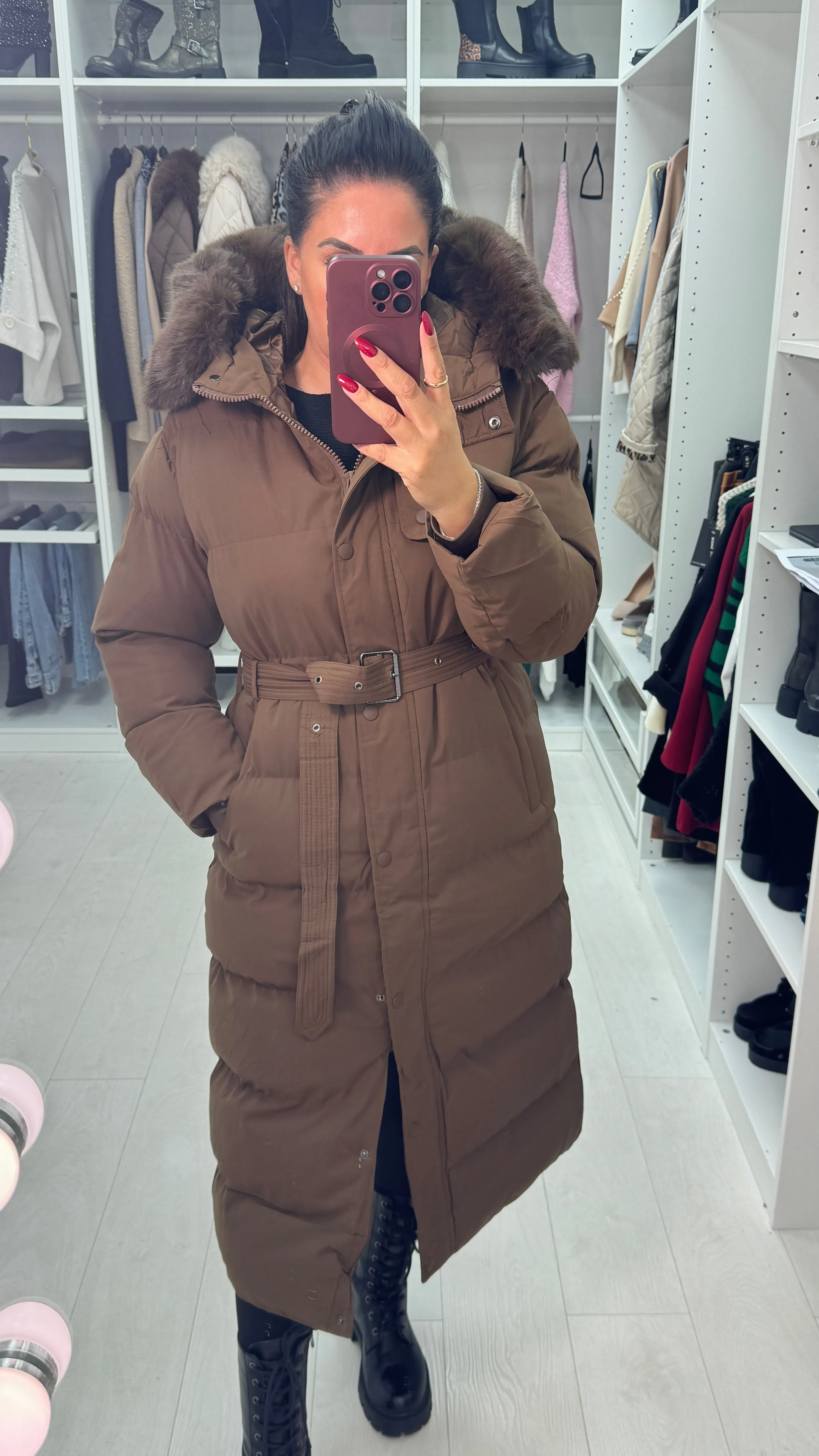 Maddox Chocolate Padded Faux Fur Hooded Coat