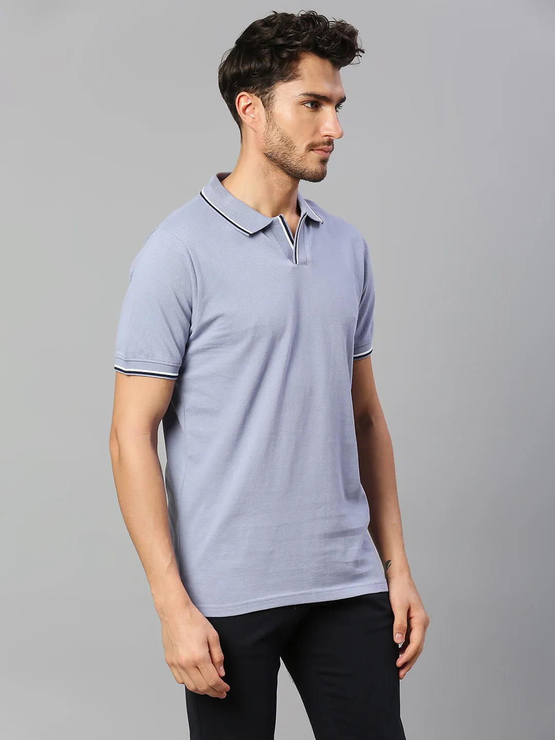 Men's Pure Cotton Solid Half Sleeves Polo T-Shirt (Light Blue)