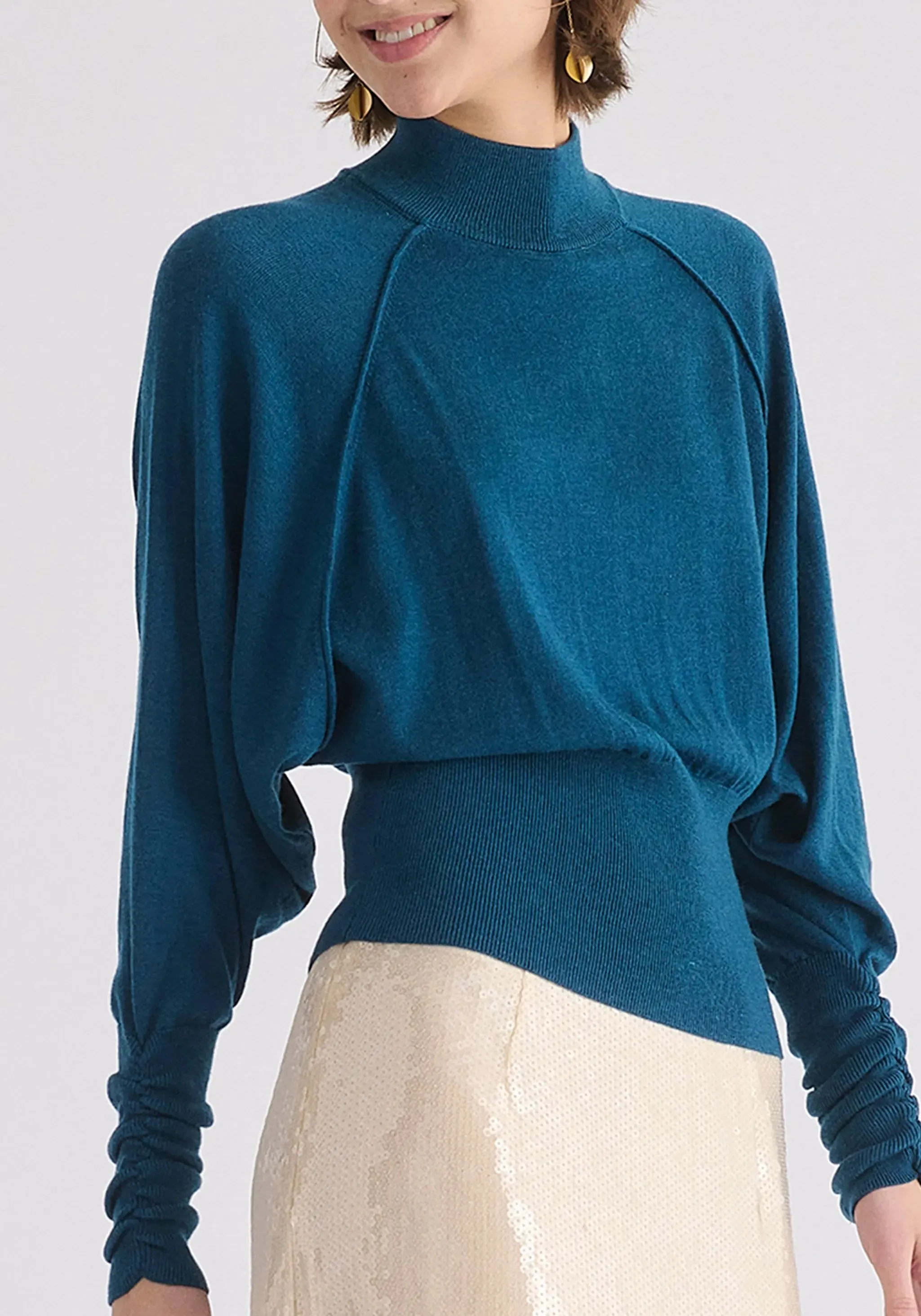 Turquoise Mock Neck Batwing Jumper With Ruched Cuffs