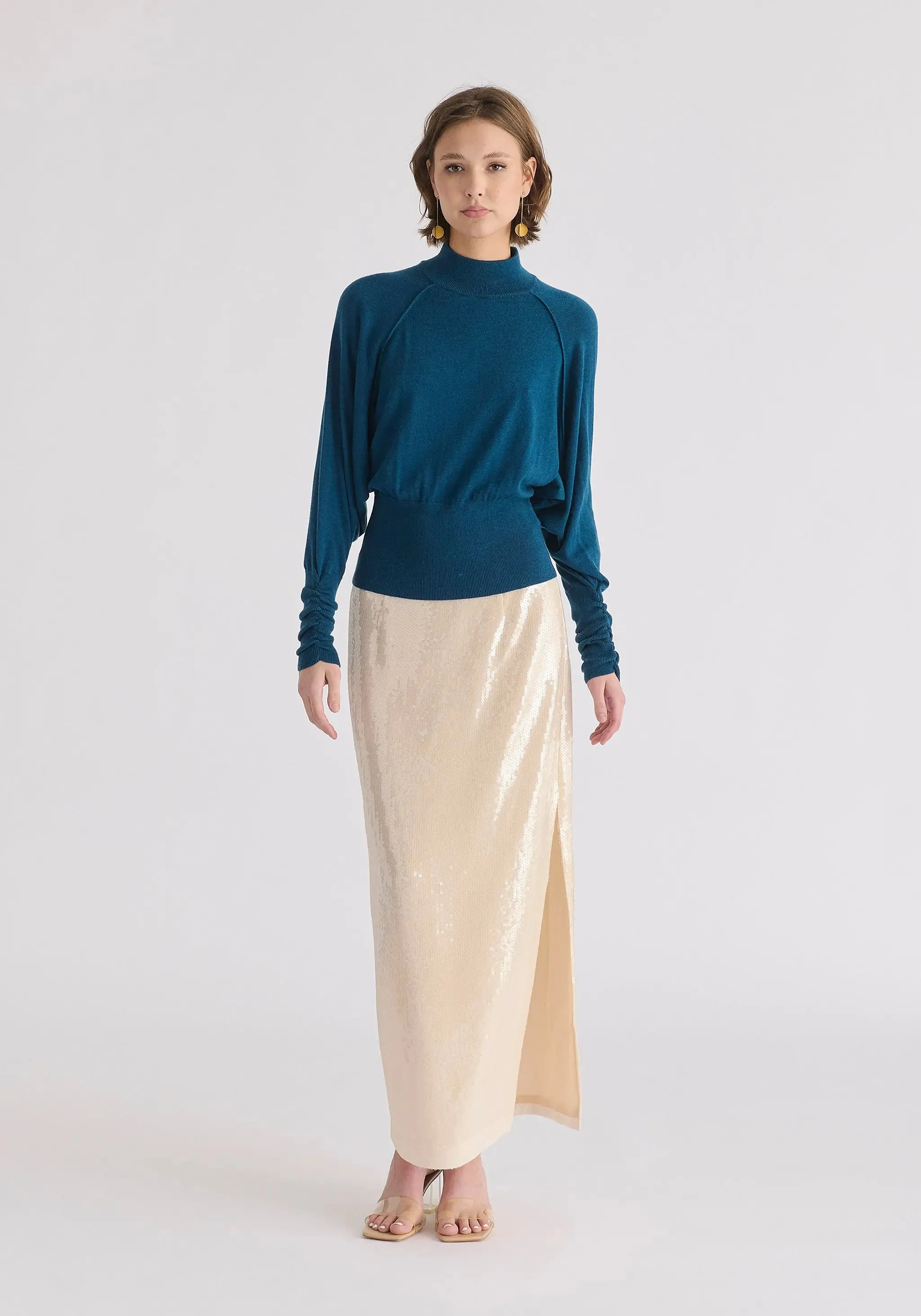 Turquoise Mock Neck Batwing Jumper With Ruched Cuffs