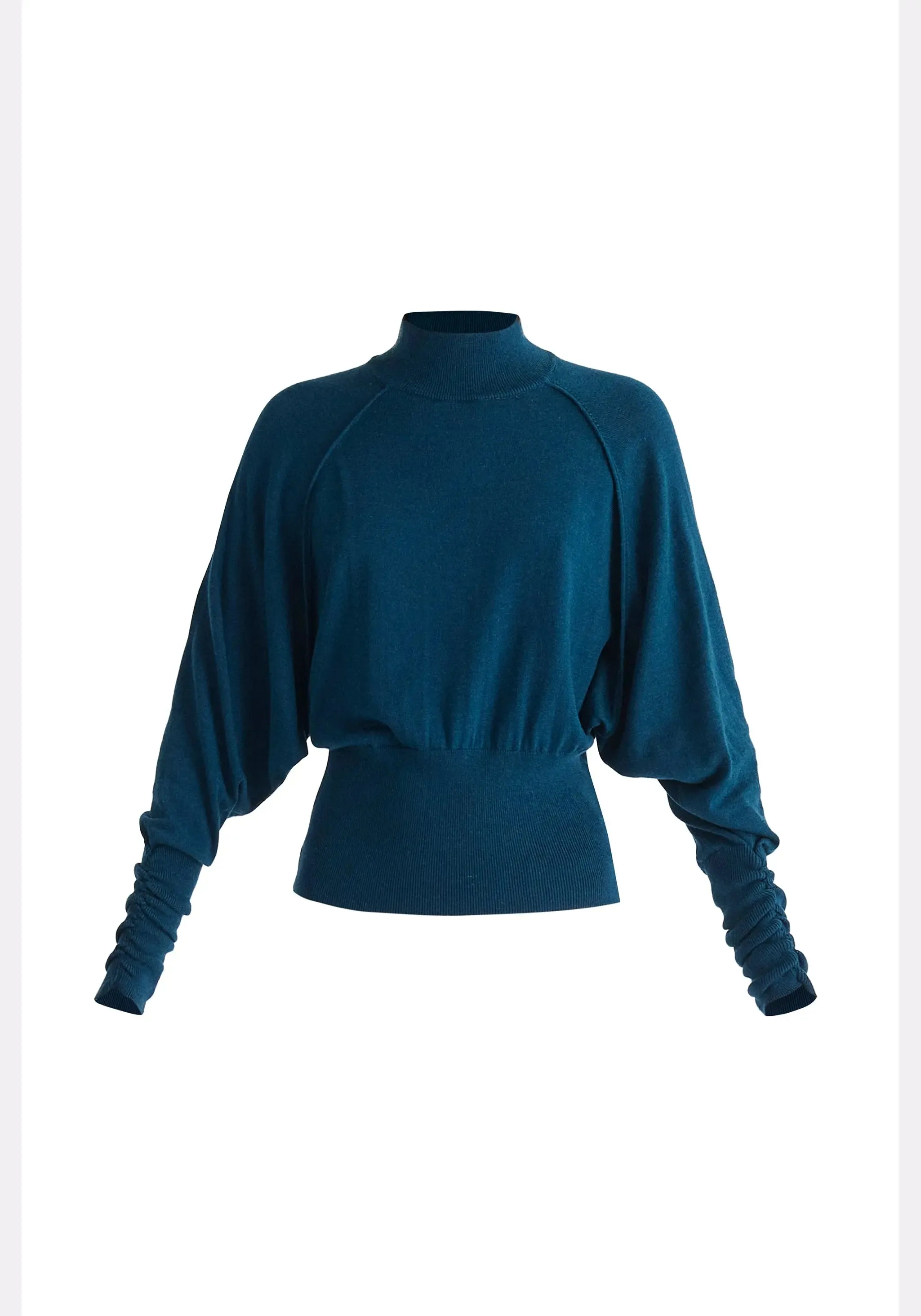 Turquoise Mock Neck Batwing Jumper With Ruched Cuffs