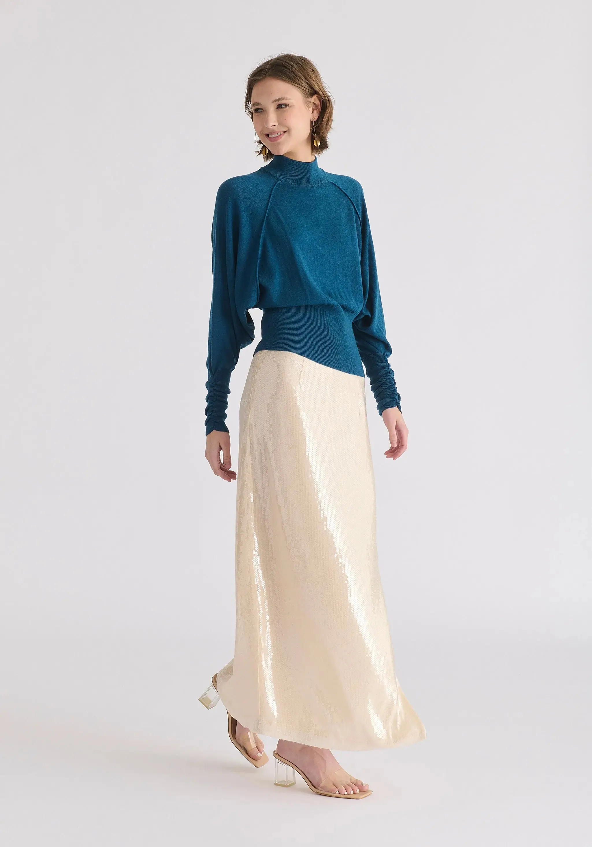 Turquoise Mock Neck Batwing Jumper With Ruched Cuffs