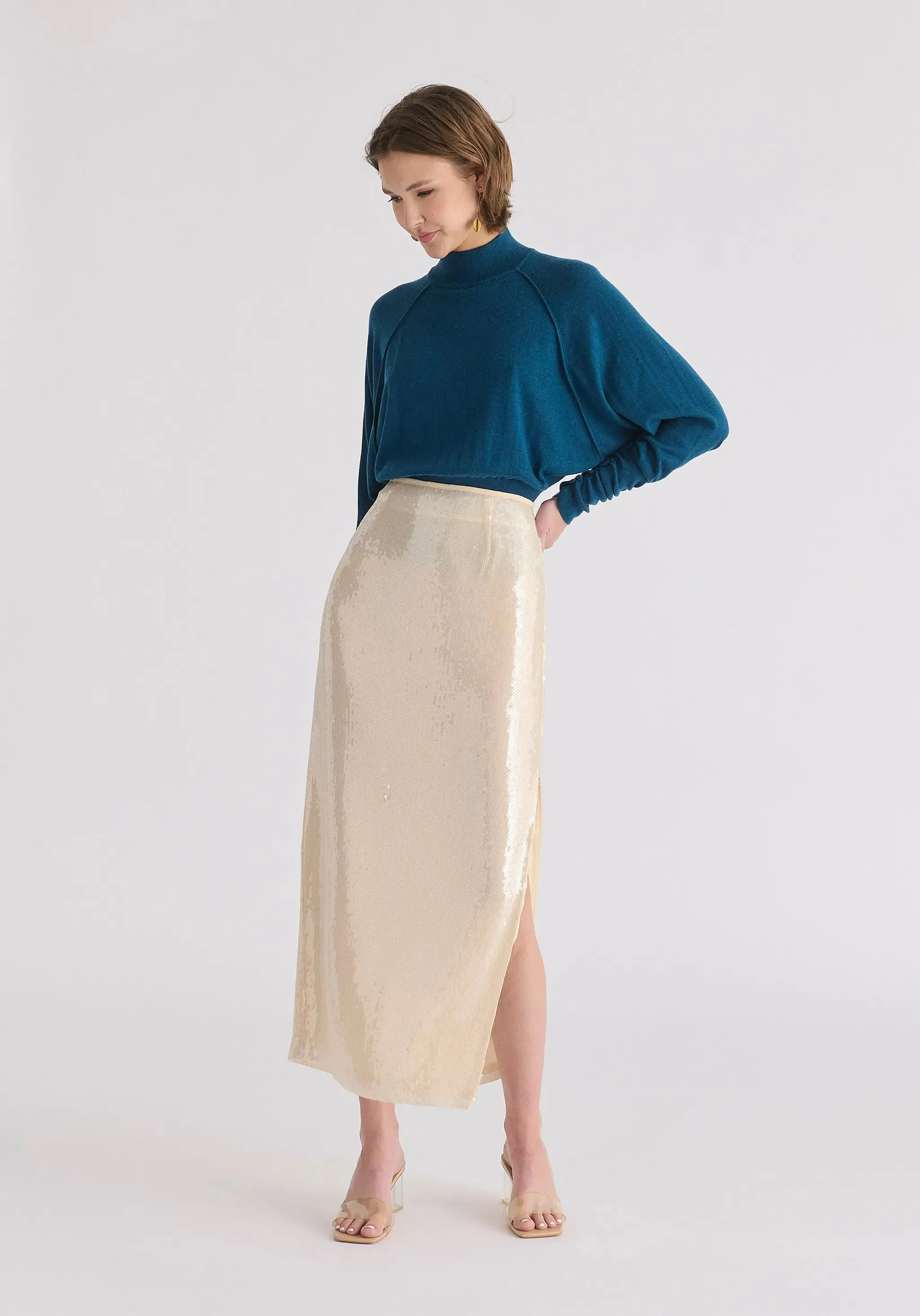 Turquoise Mock Neck Batwing Jumper With Ruched Cuffs