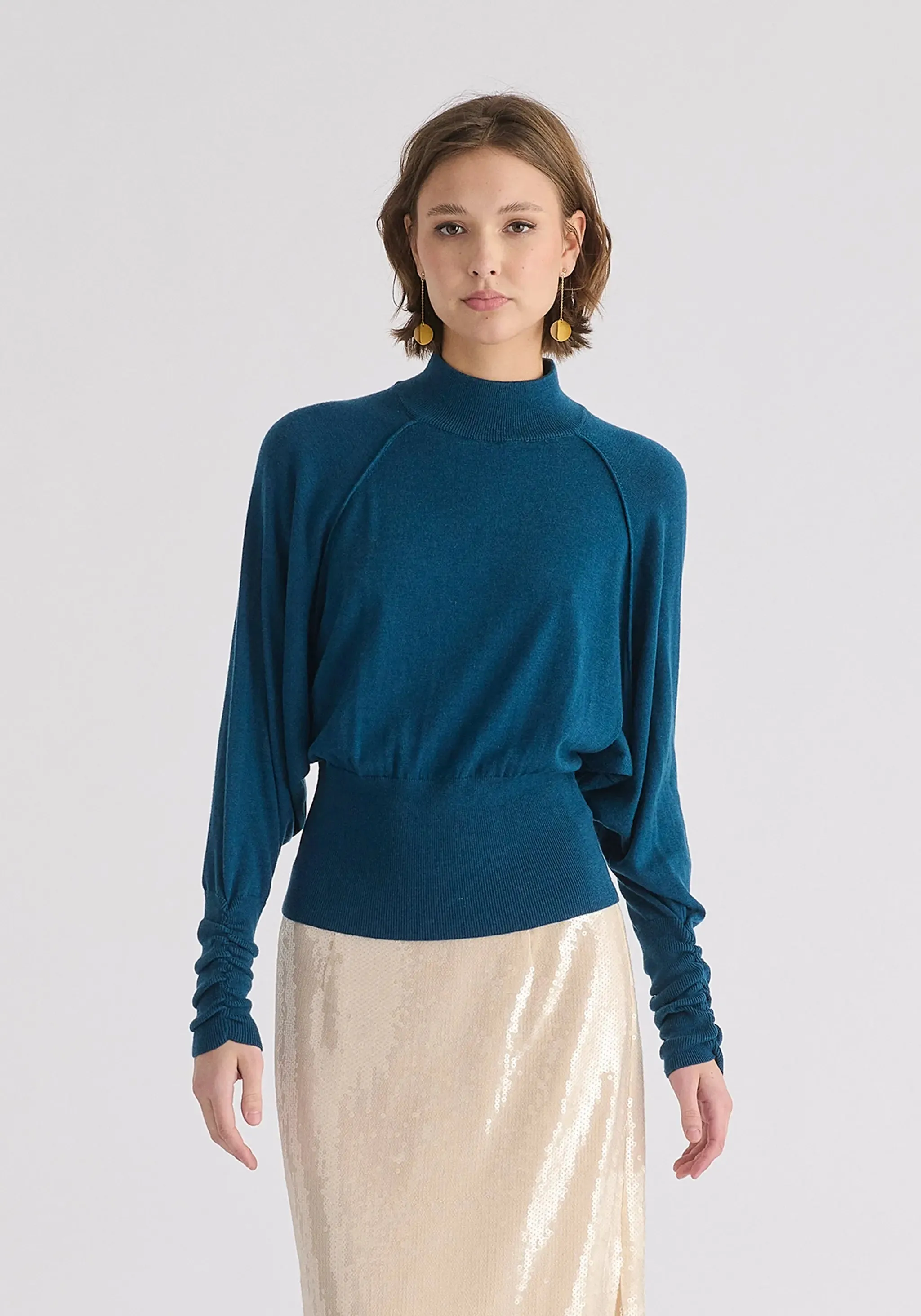 Turquoise Mock Neck Batwing Jumper With Ruched Cuffs