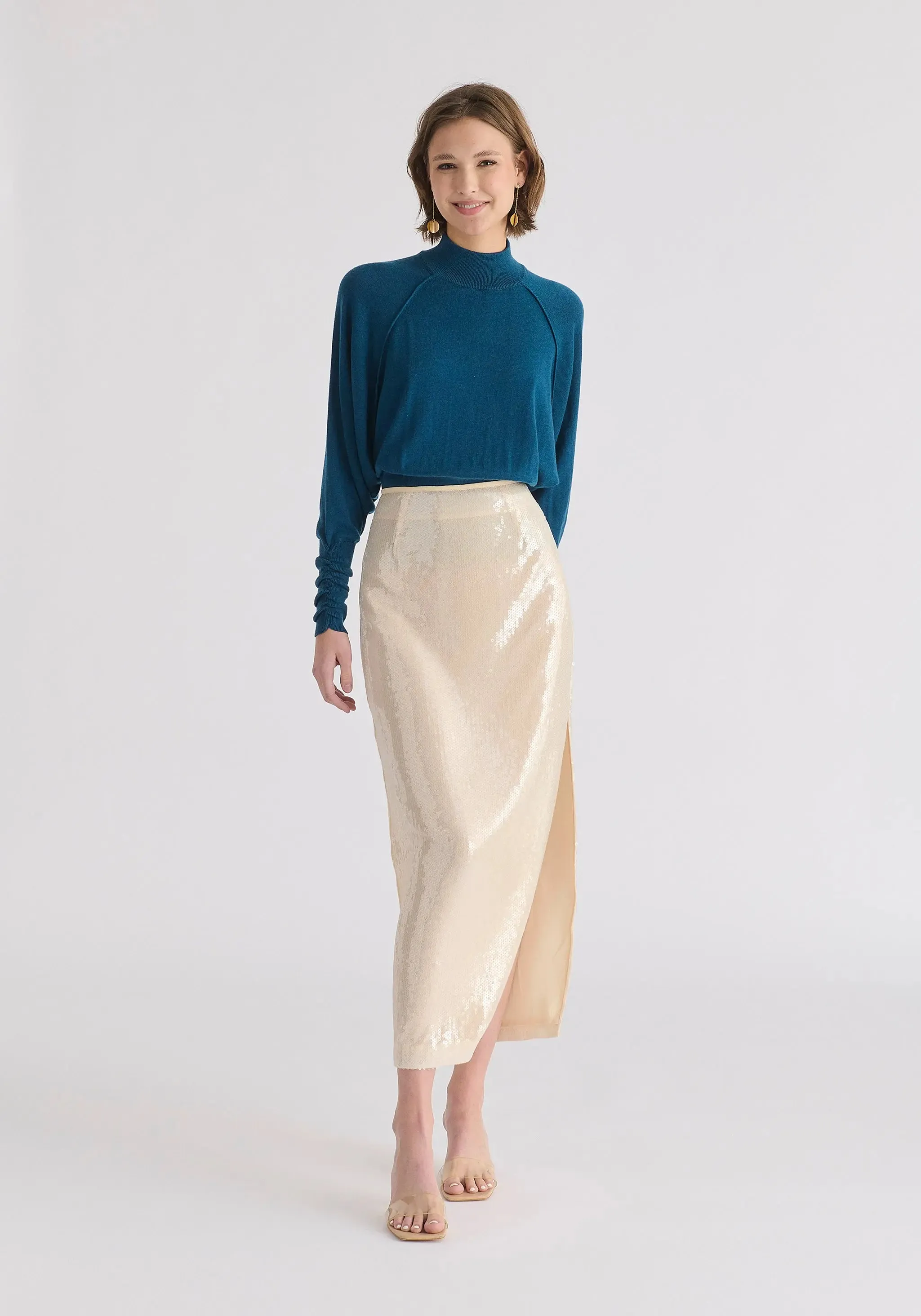 Turquoise Mock Neck Batwing Jumper With Ruched Cuffs