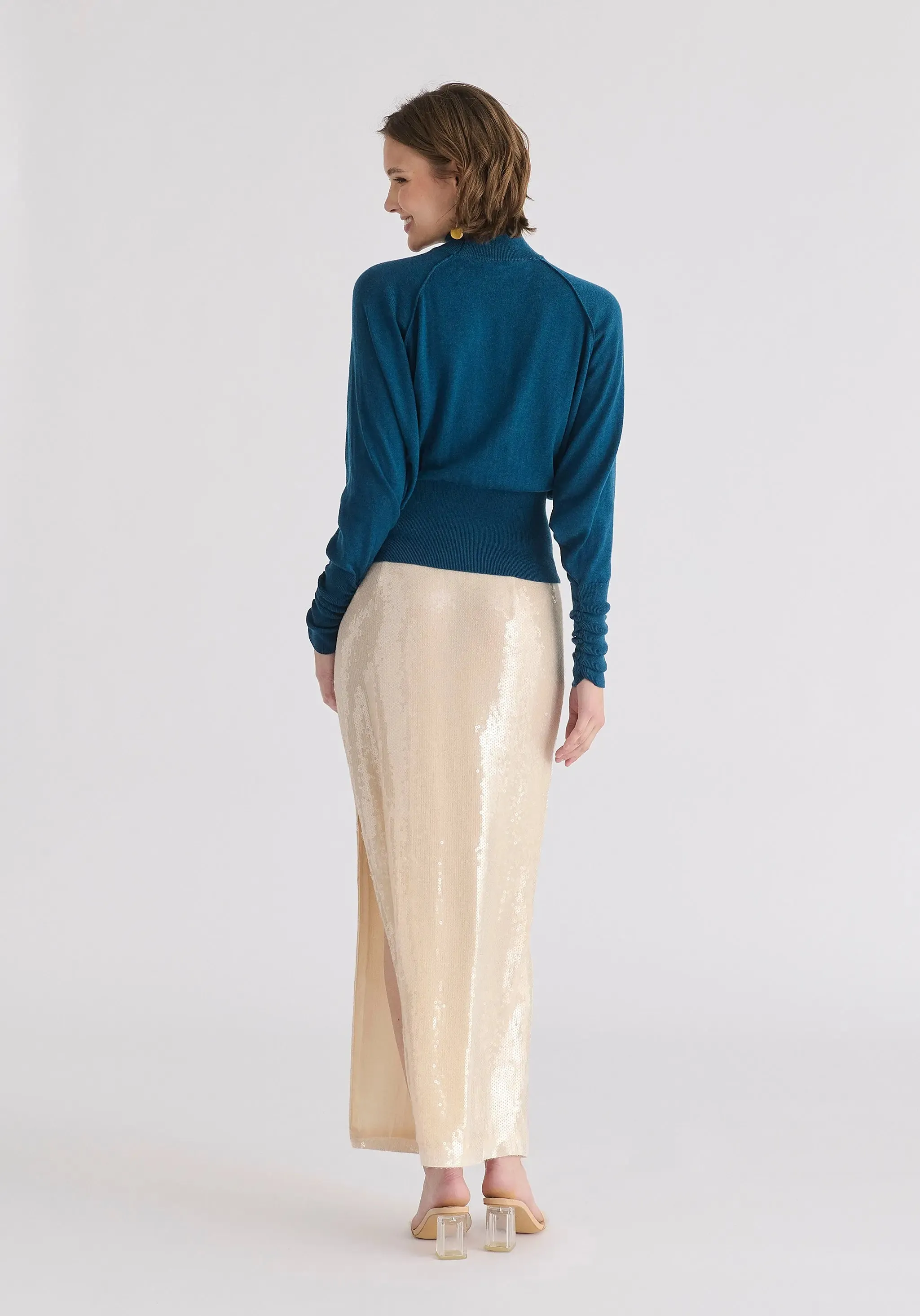 Turquoise Mock Neck Batwing Jumper With Ruched Cuffs