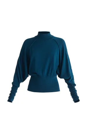 Turquoise Mock Neck Batwing Jumper With Ruched Cuffs