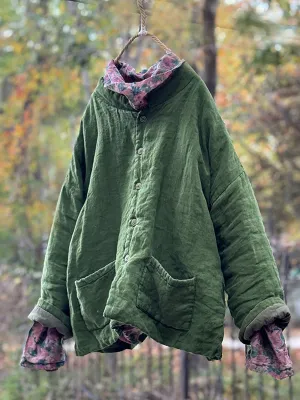 Women Autumn Retro Solid Stand Collar Linen Padded Coat