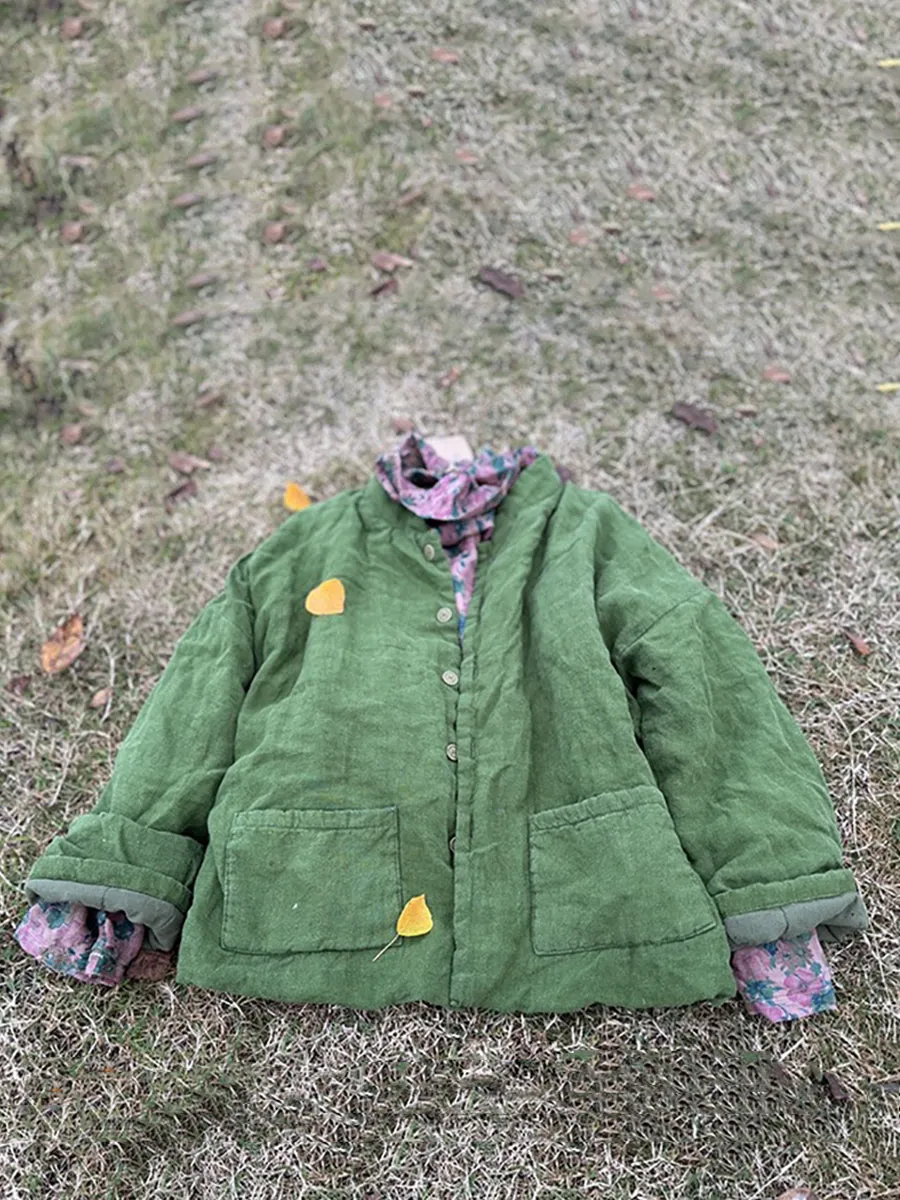Women Autumn Retro Solid Stand Collar Linen Padded Coat