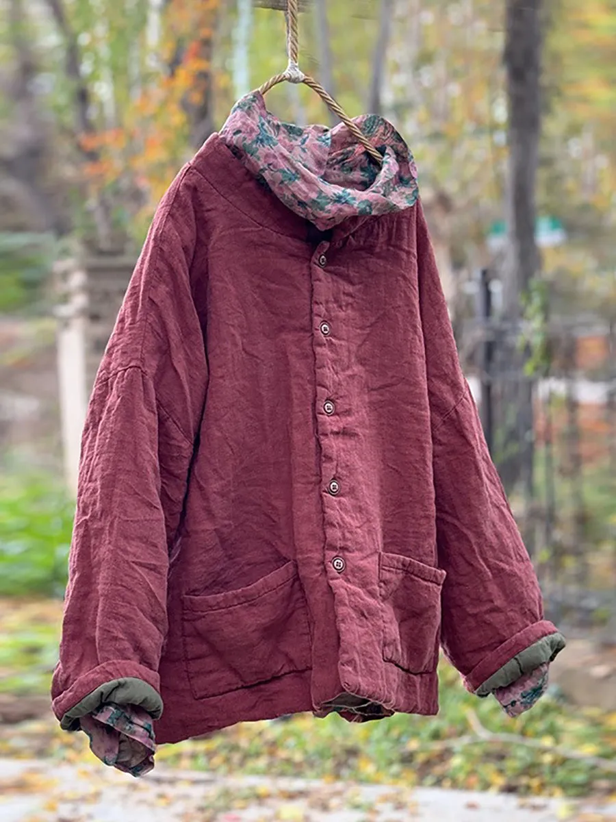 Women Autumn Retro Solid Stand Collar Linen Padded Coat