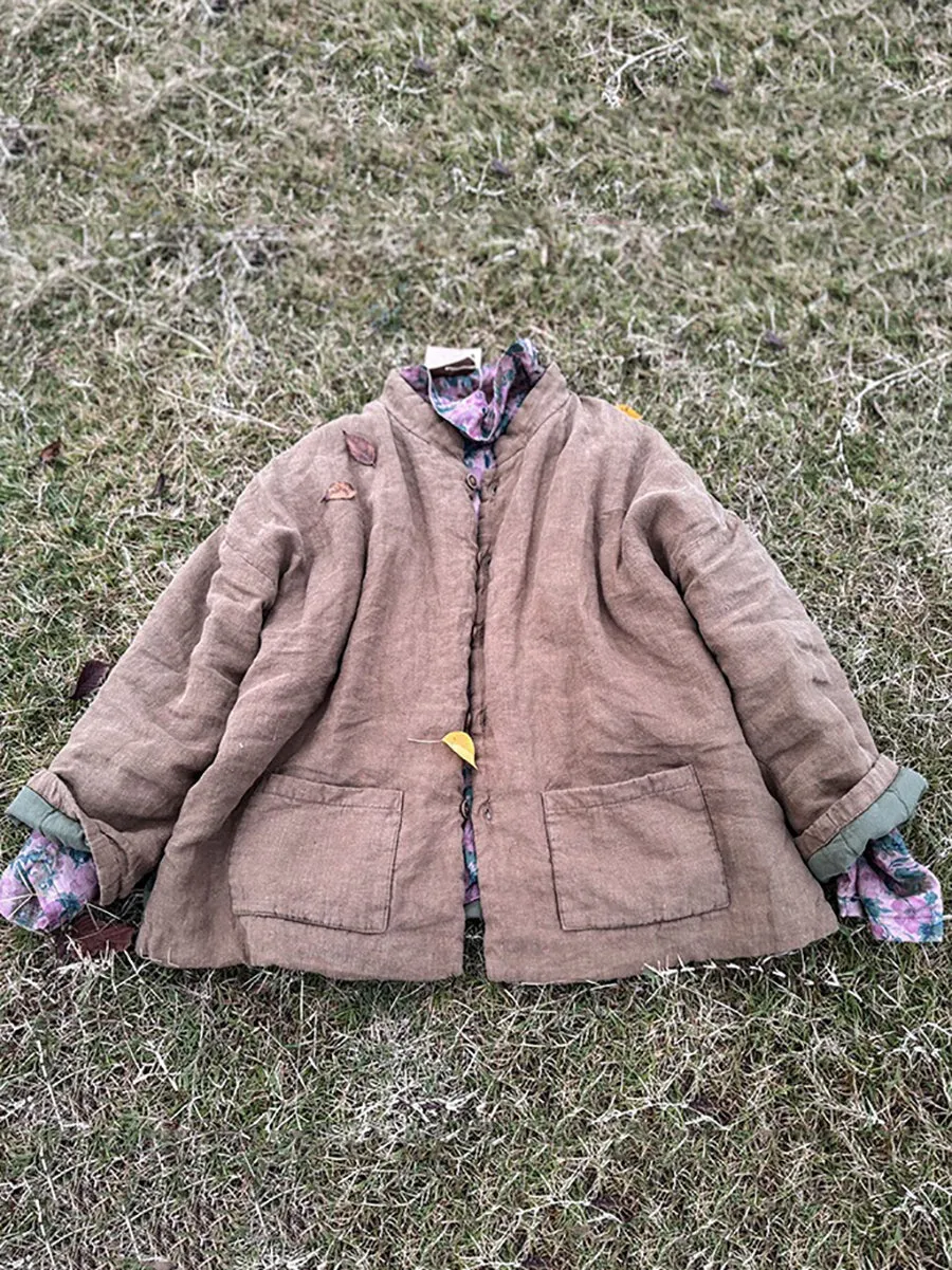 Women Autumn Retro Solid Stand Collar Linen Padded Coat