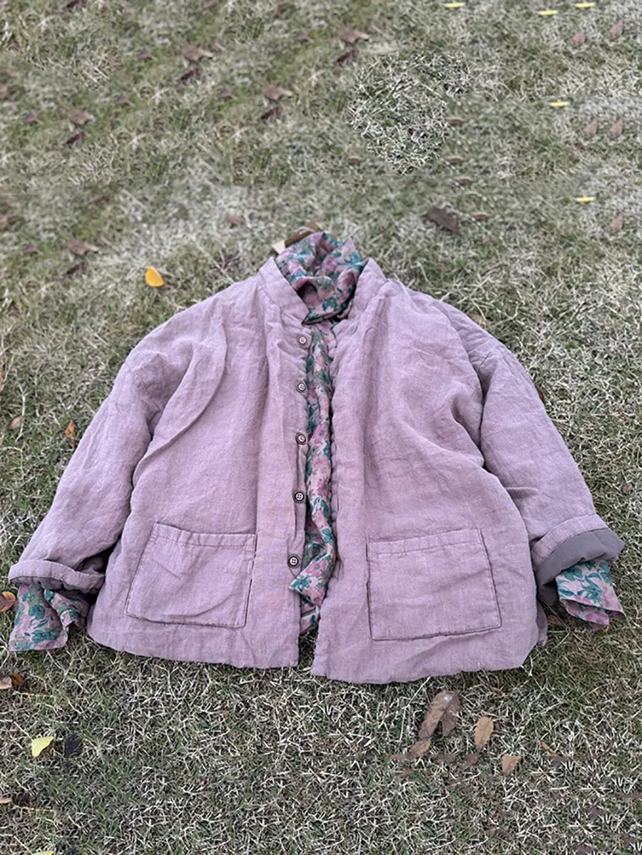Women Autumn Retro Solid Stand Collar Linen Padded Coat