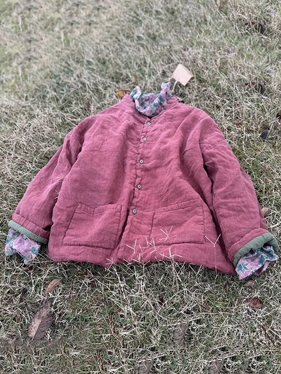 Women Autumn Retro Solid Stand Collar Linen Padded Coat