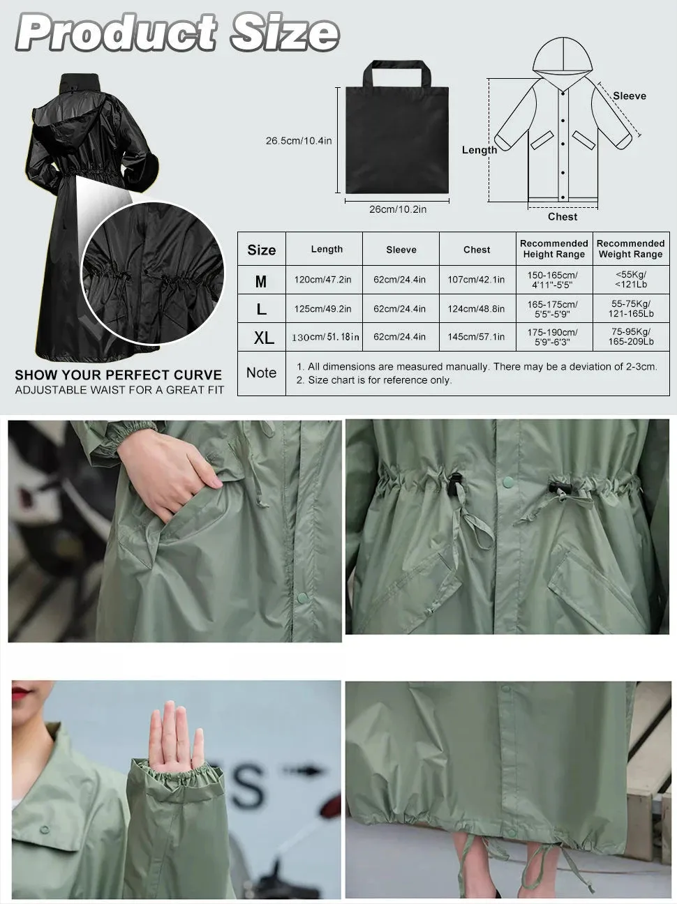 Womens Stylish Waterproof Raincoats with Travel Tote Bag